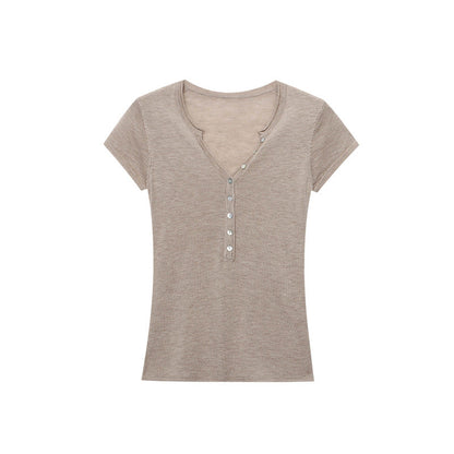 Damen Henley-Shirt Kurzarm Figurbetont Knopfleiste Eveloria