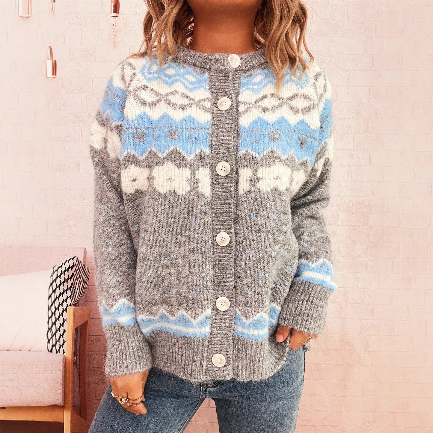 Damen Strickjacke Norwegermuster Kuschelig Eveloria