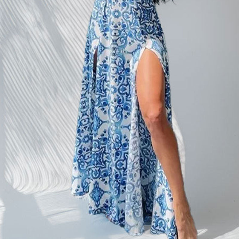 Damen Maxikleid Floral mit Seitenschlitz dunkelblau