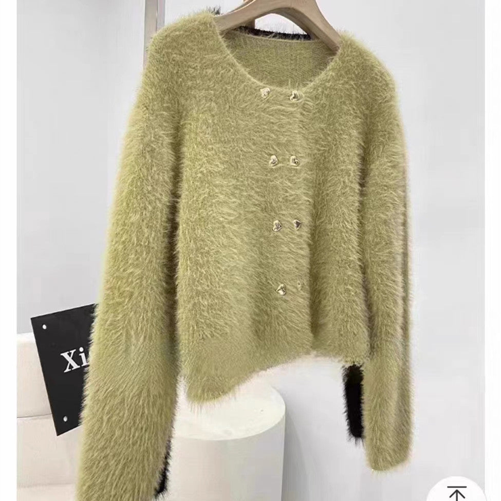Damen Cardigan Flauschig Herzknöpfe