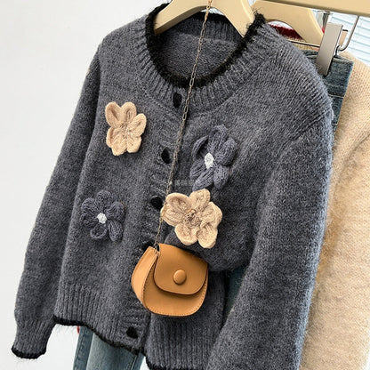 Damen Strickcardigan Blumenapplikationen Weich Eveloria