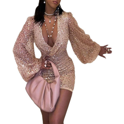 Damen Minikleid Glitzer V-Ausschnitt Puffärmel Eveloria