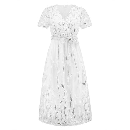 Eveloria Damen Midi Kleid V-Ausschnitt Gürtel Kurzärmelig