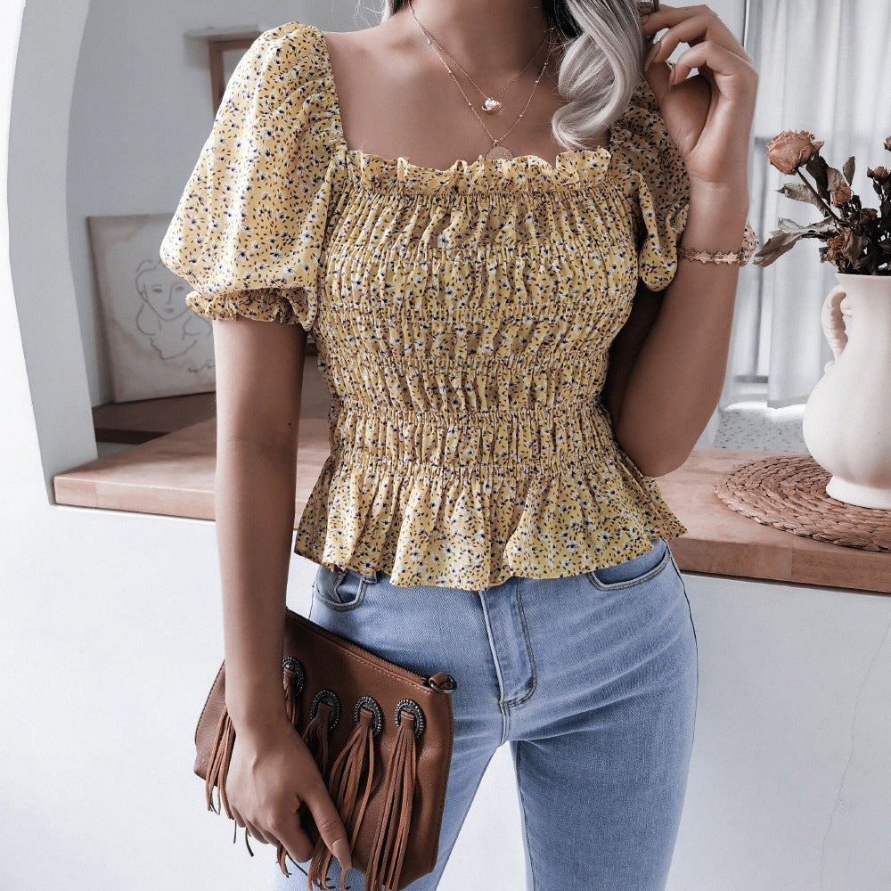 Damen Volantbluse Elastisch Puffärmel Eveloria