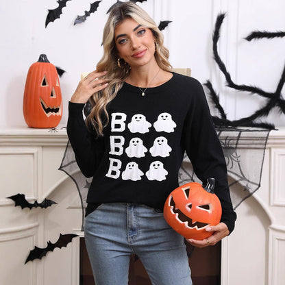Damen Halloween Pullover Gestrickt Geistermotiv Weite Passform