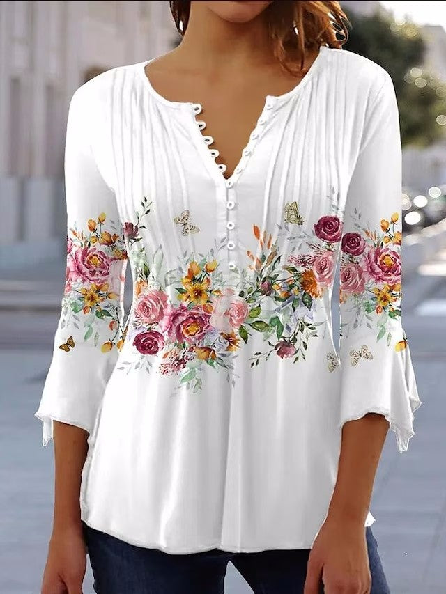 Damen Bluse Floralmuster Knopfdetail - Eveloria