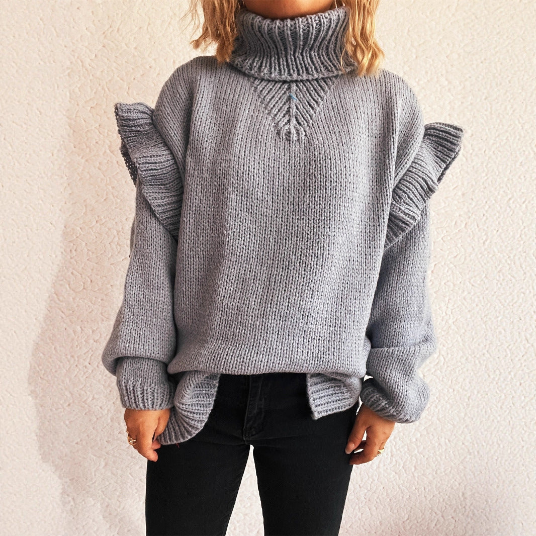 Damen Strickpullover Hohler Kragen Rüschen-Details Eveloria