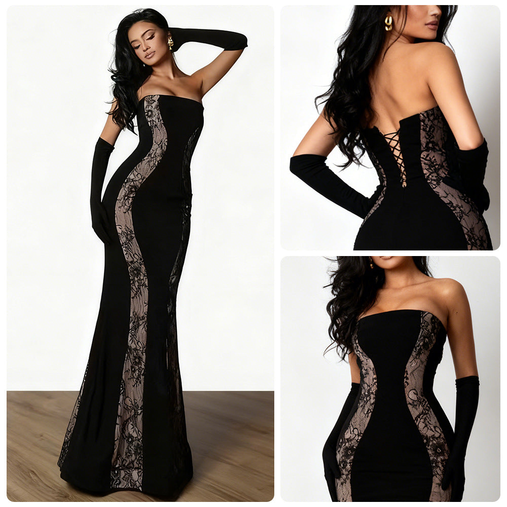 Damen Abendkleid mit Spitze und luxuriösem Schnitt Schwarz - Eveloria