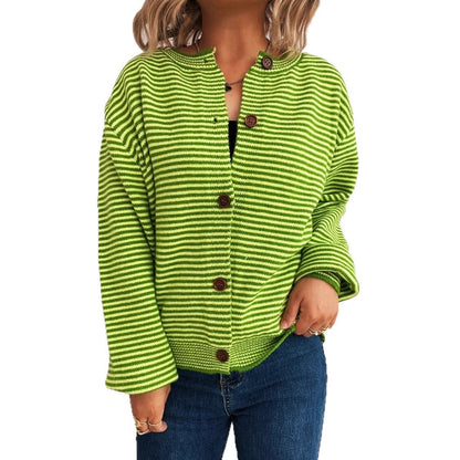 Damen Strickcardigan Gestreift Hochkragen Dekorative Knöpfe