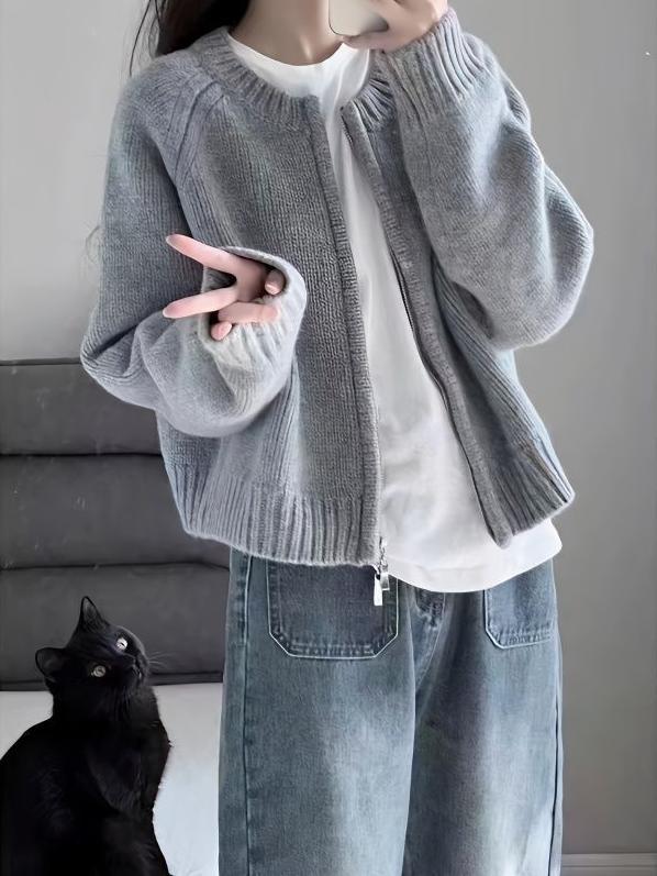 Damen Strickjacke Reißverschluss Grau Eveloria