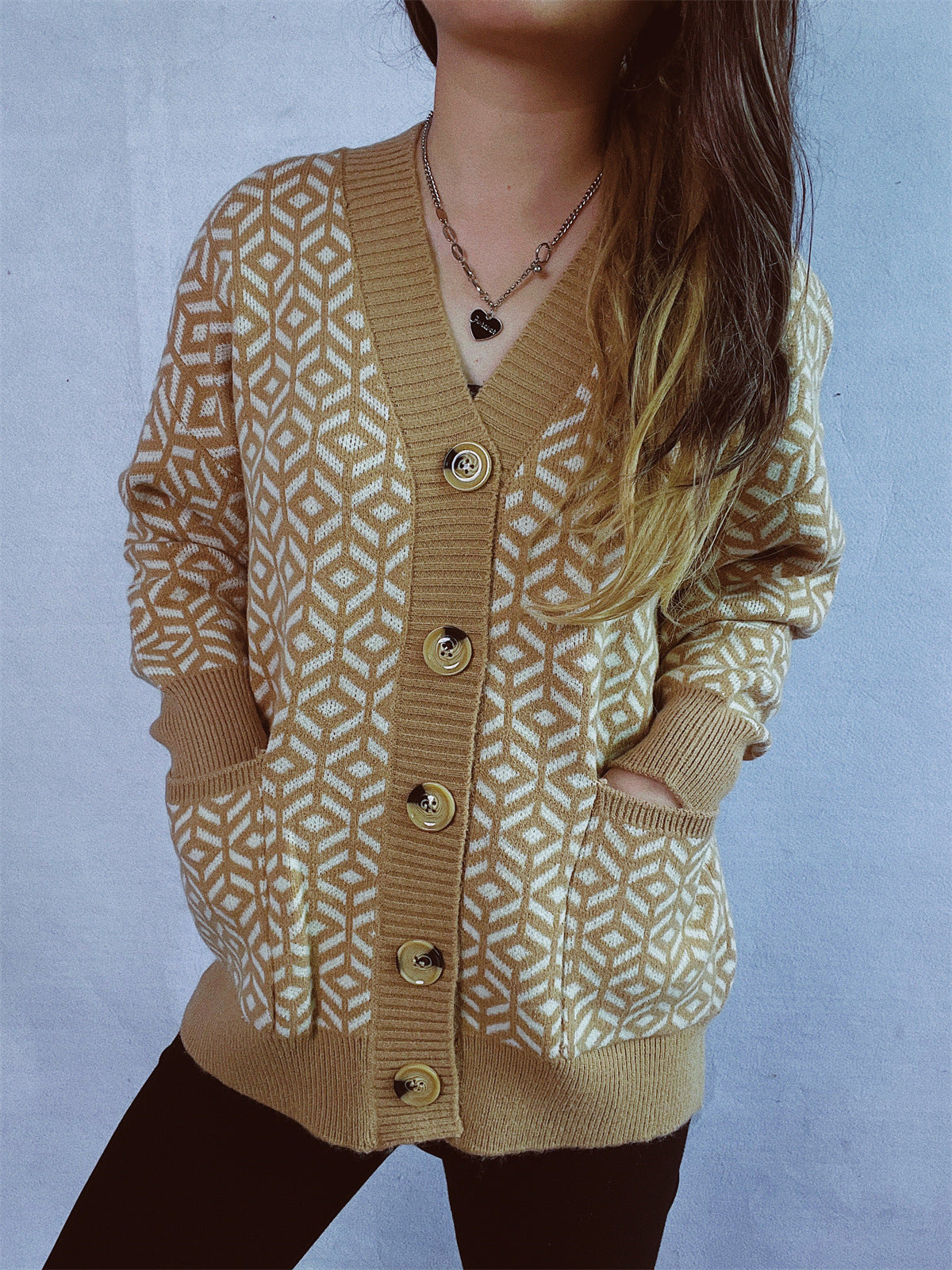 Damen Strickjacke geometrisches Muster Goldton