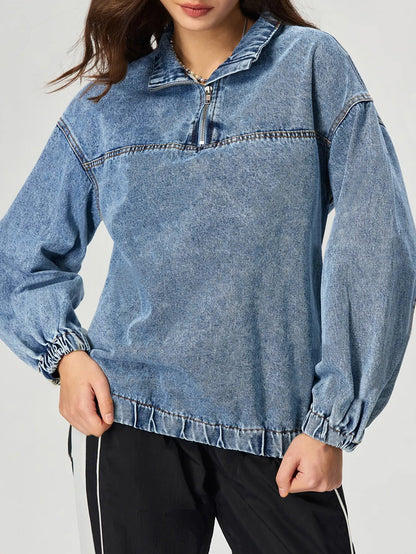 Damen Denim-Pullover Stehkragen Reißverschluss Blau Eveloria