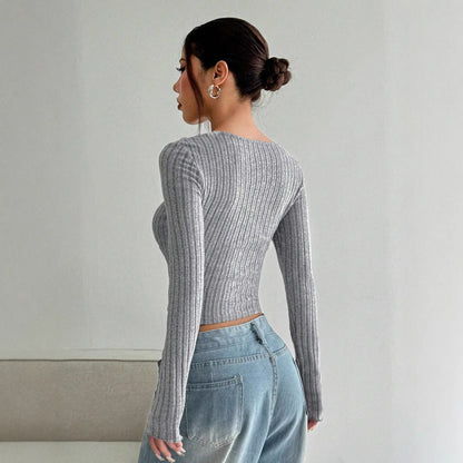 Damen Langarm Crop- Rippstruktur V-Ausschnitt Eveloria