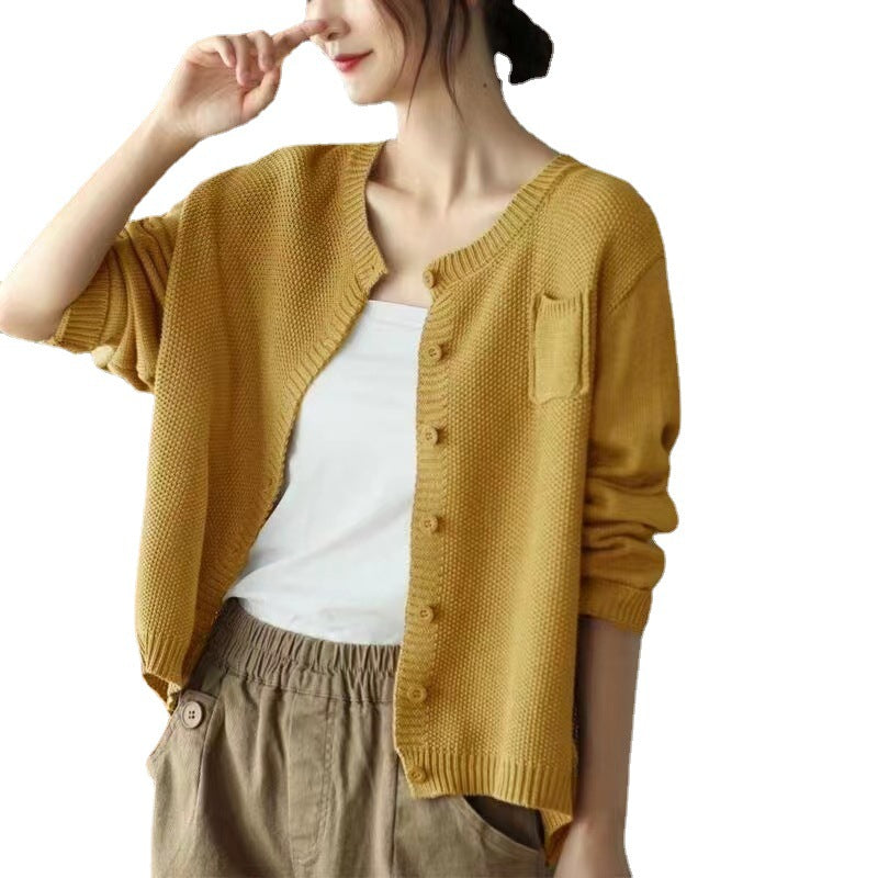 Damen Strickcardigan Leicht Knopfverschluss Taschen Beige