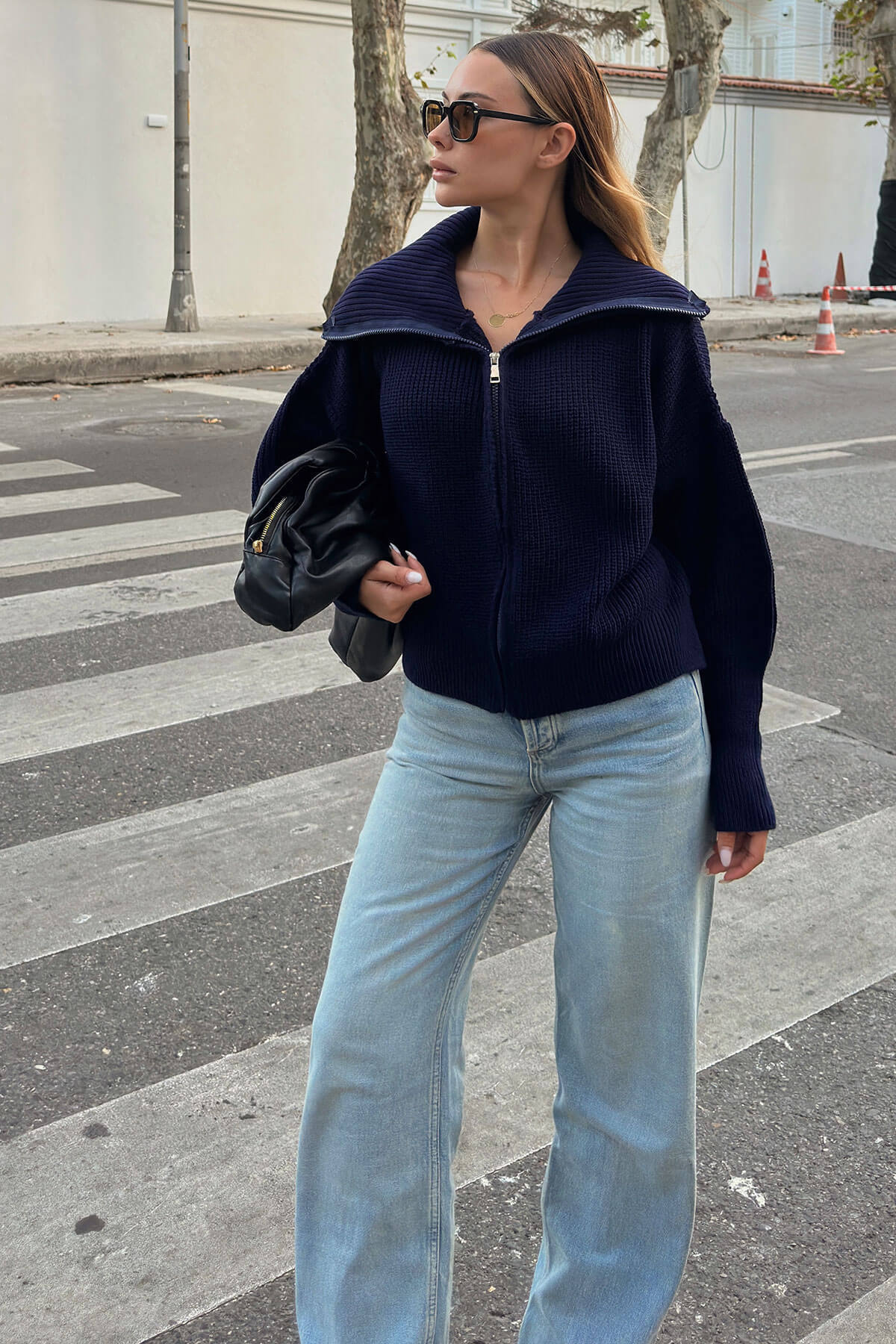 Damen Strickjacke Oversized Reißverschluss Hochkragen