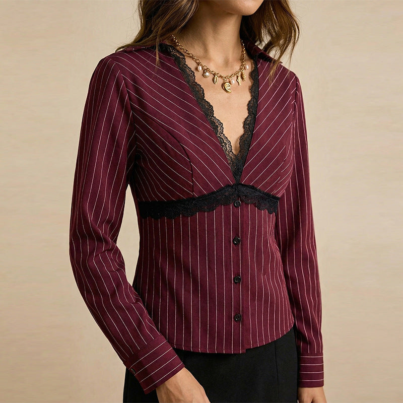 Damen Blusenshirt Spitzen- und Streifenmuster Eveloria