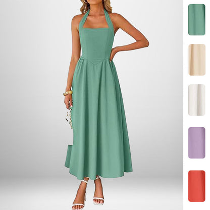 Damen Maxikleid Schulterfrei Halterneck Fließend - Eveloria