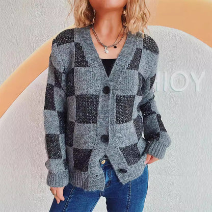 Damen Strickjacke Karomuster Weich Schwarz Eveloria - Eveloria