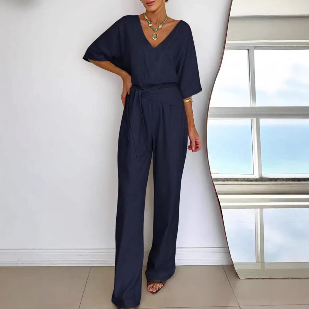 Damen Jumpsuit Tailliert Wickelgürtel Eveloria