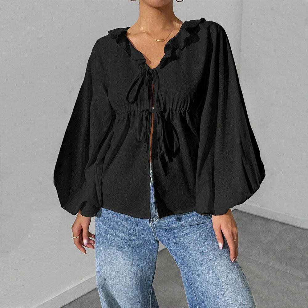 Damen Shirtjacke Bluse Ärmel Voluminös Rüschendetails Eveloria