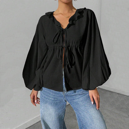 Damen Shirtjacke Bluse Ärmel Voluminös Rüschendetails Eveloria