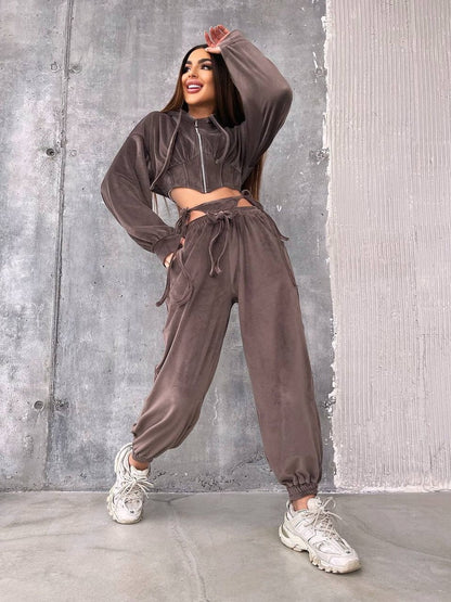 Damen Sportliches Velours-Set Reißverschluss Taillenschnitt Cropped