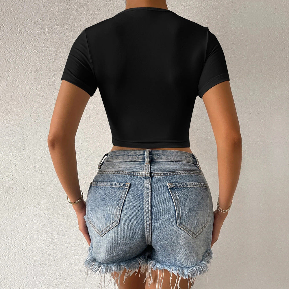 Damen T-Shirt V-Ausschnitt Wickeldesign Cropped Eveloria