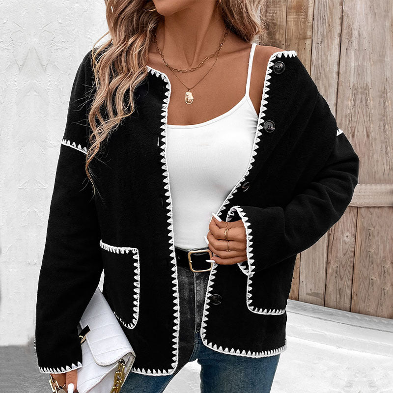Damen Strickjacke Kuschelig mit Kontrastnähten und Taschen