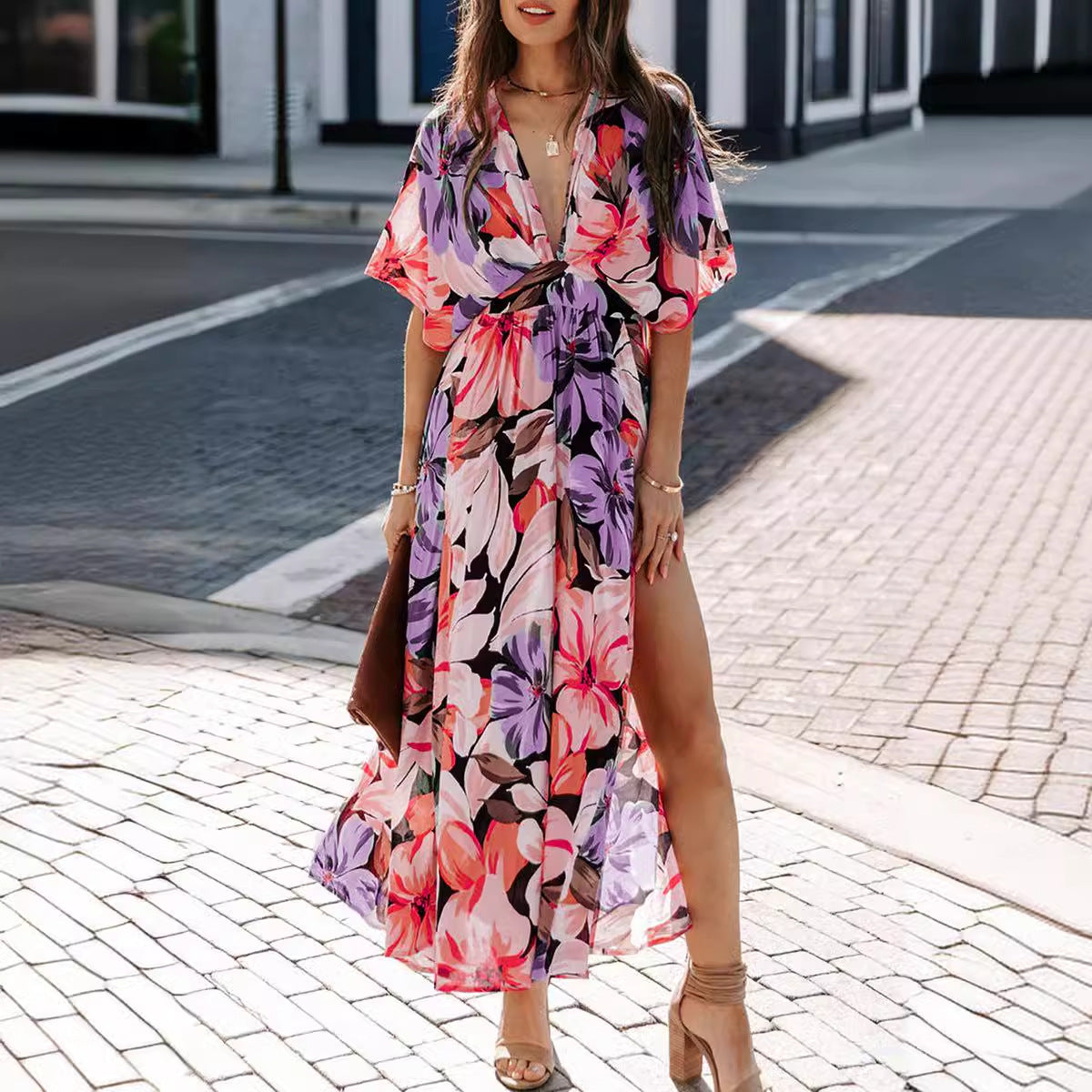 Damen Maxi-Kleid V-Ausschnitt Seitenschlitz Eveloria