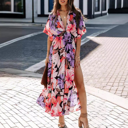 Damen Maxi-Kleid V-Ausschnitt Seitenschlitz Eveloria