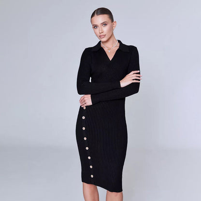 Damen Strickkleid Klassischer Kragen Knöpfe Beige