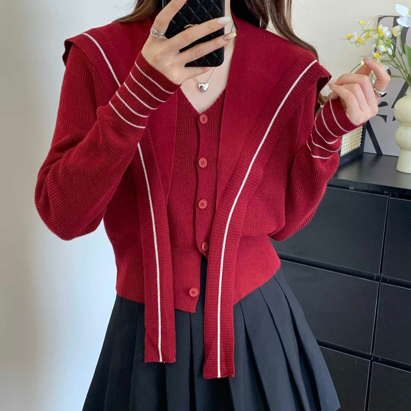 Damen Strickjacke Dekorativer Kragen Knöpfe Grau