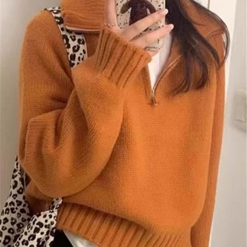Damen Strickpullover Mit Reißverschluss Hoch Kragen Beige