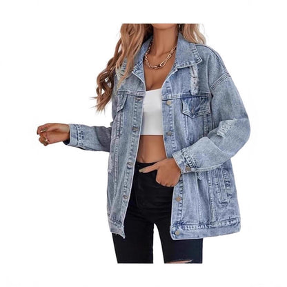 Damen Oversized Denimjacke Ripped Details Blau Eveloria - Eveloria