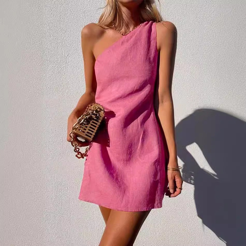 Damen Minikleid Asymmetrisch Einseitig Schmaler Träger