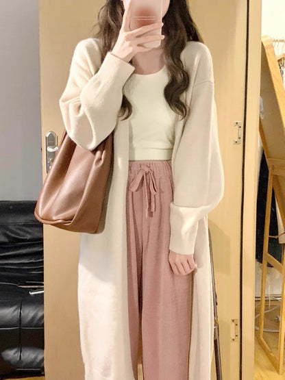Damen Strickmantel Lang aus Merino-Wolle mit Taschen Beige