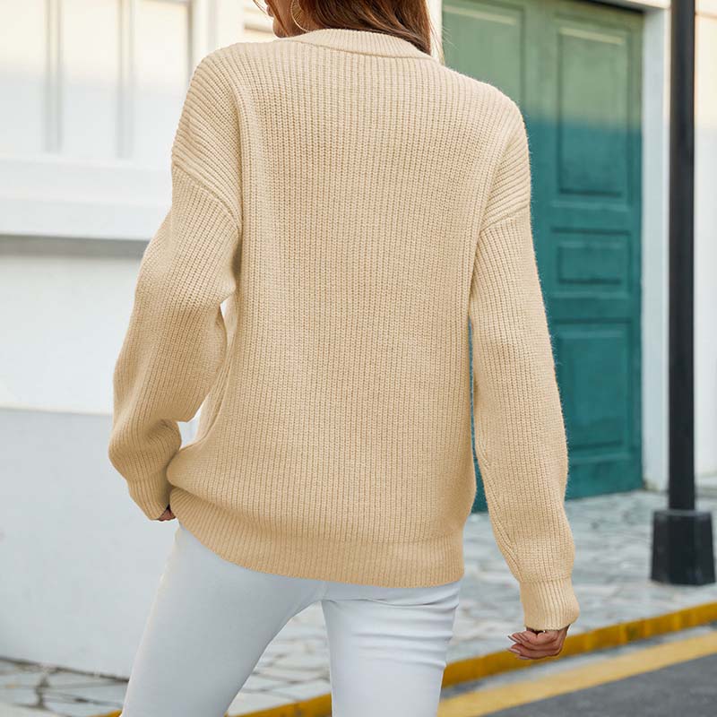 Grauer Damen Strickpullover Rundhals Knopfleiste