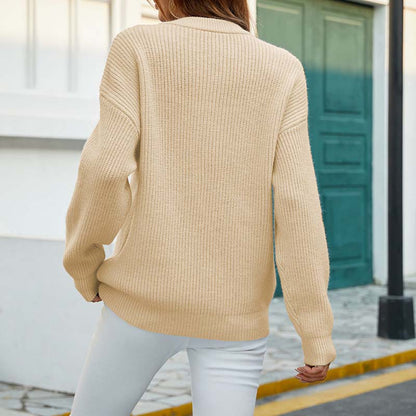 Grauer Damen Strickpullover Rundhals Knopfleiste