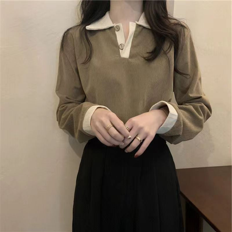 Damen Langarmshirt Strukturiert Rippoptik Klassischer Polokragen
