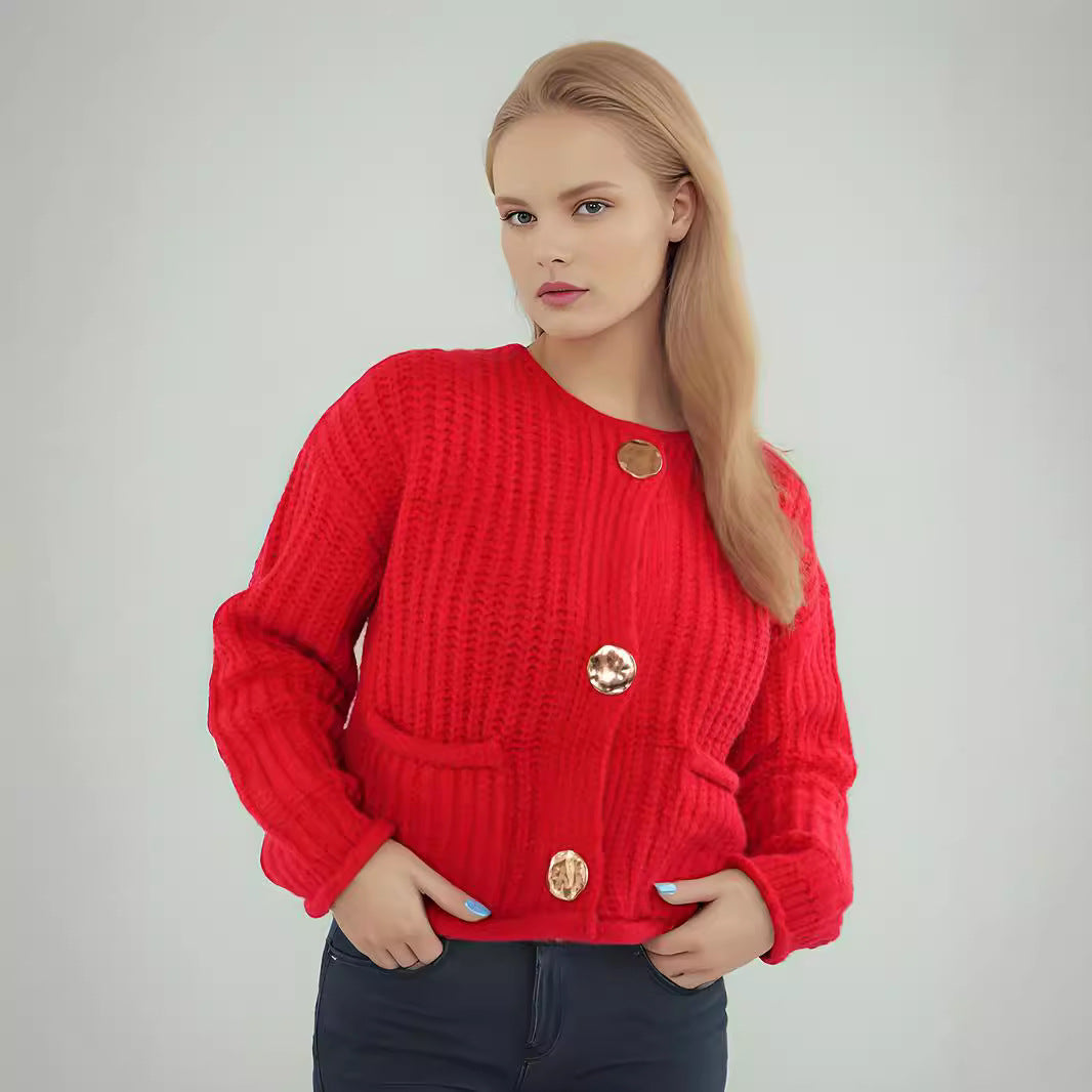 Damen Strickjacke Großknöpfe Aufgesetzte Taschen Kuschelig Braun
