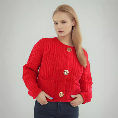 Damen Strickjacke Großknöpfe Aufgesetzte Taschen Kuschelig Braun