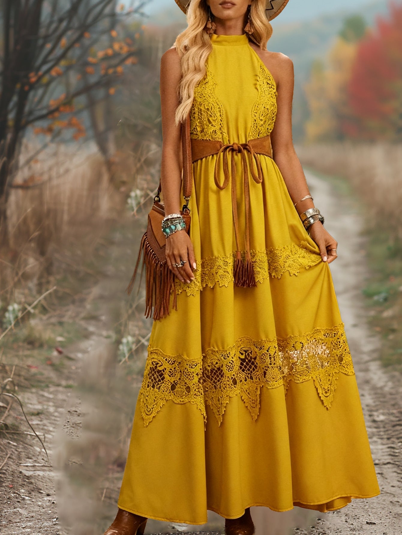 Damen Maxikleid Spitzenakzente Gürtel Detail