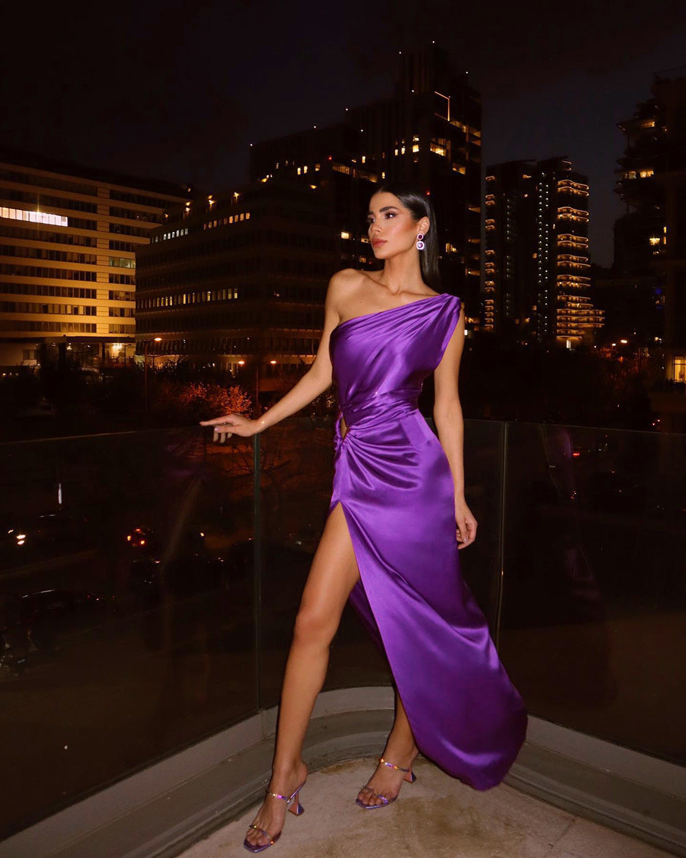Damen Abendkleid Asymmetrischer Schnitt Schimmer Effekt