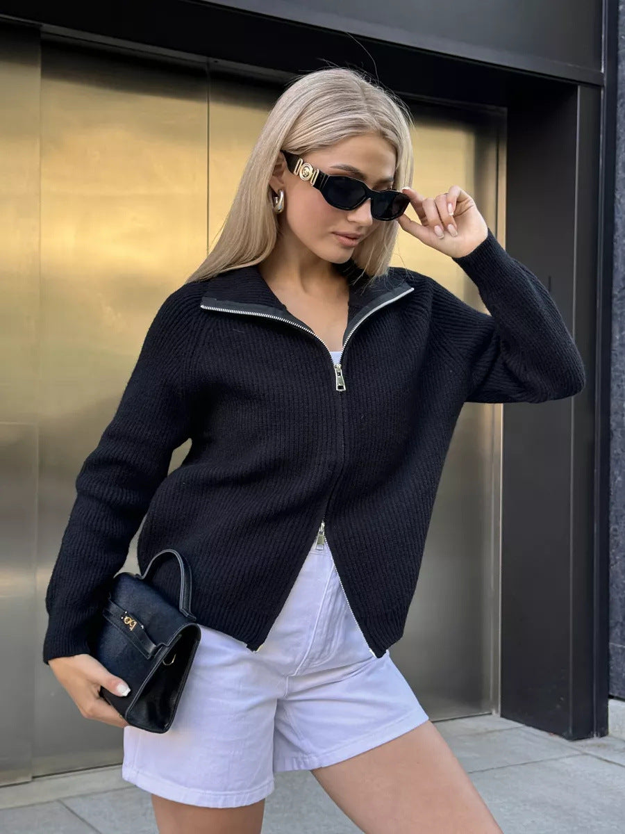 Damen Grobstrickpullover Hochkragen Reißverschluss Beige