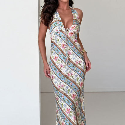 Damen Maxikleid Floralmuster Bindbarer Nacken Eveloria - Eveloria