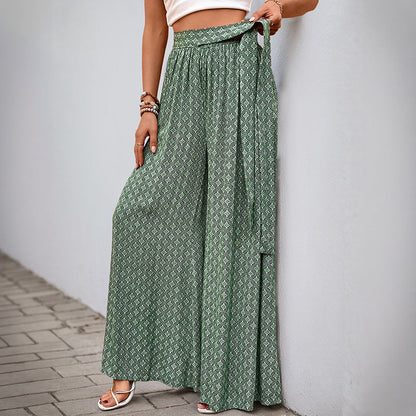 Damen Palazzo-Hose Weite mit Bindegürtel und Print