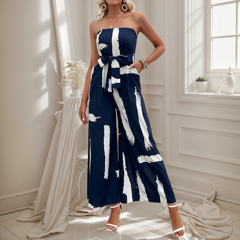 Damen Jumpsuit Schulterfrei Weites Bein Bindegürtel Eveloria