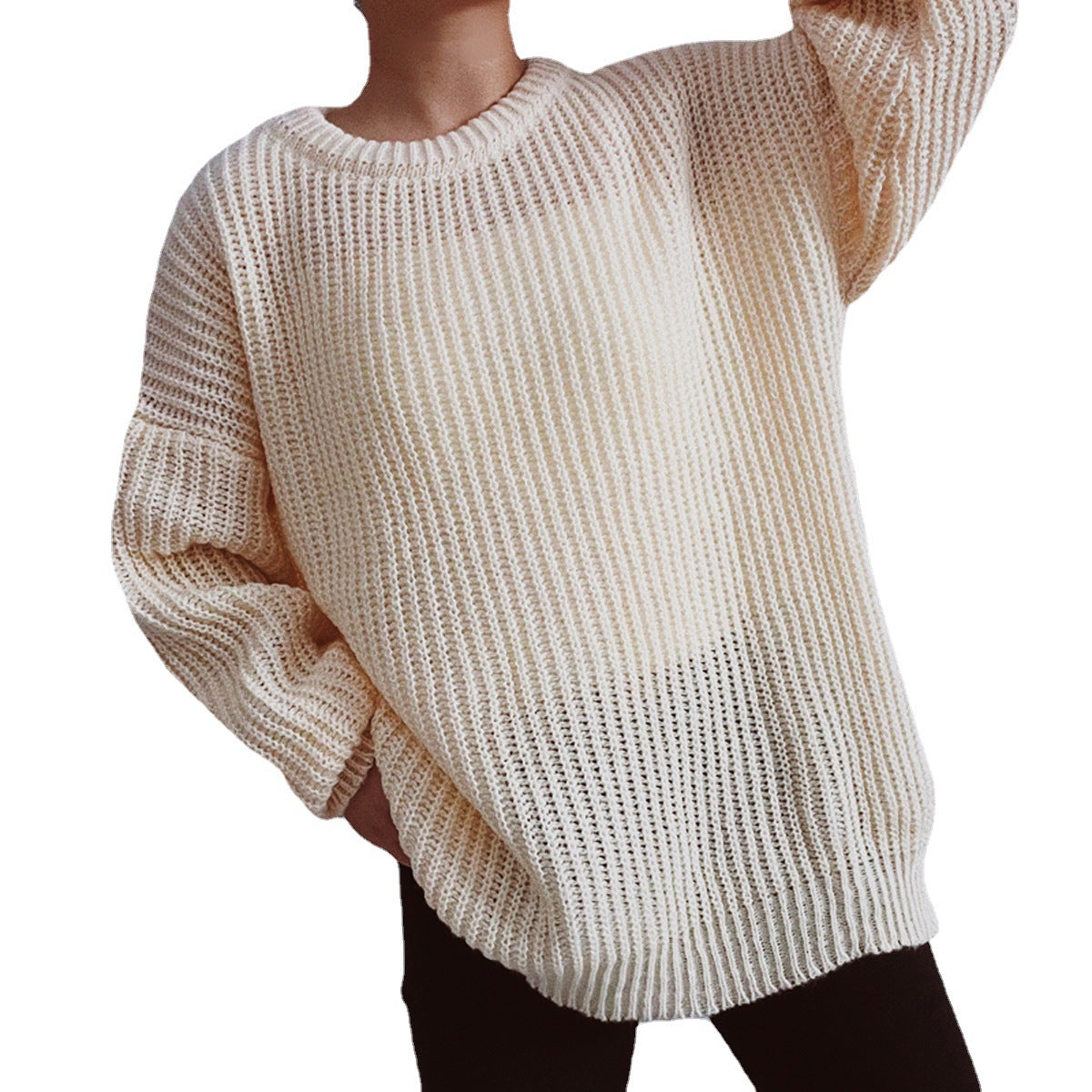 Damen Grobstrickpullover Überschnittene Schultern Beige