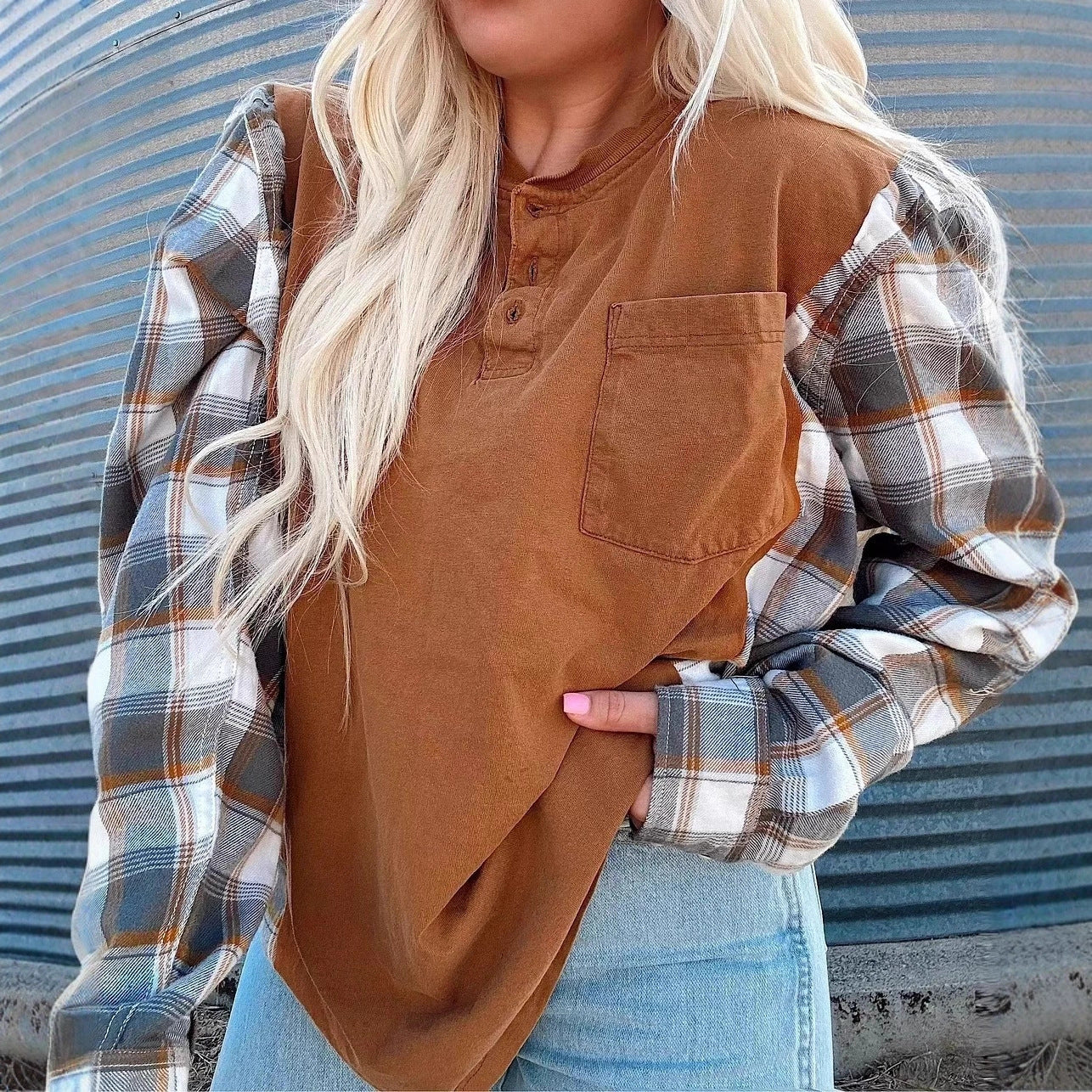 Damen Langarmshirt Karierte Ärmel Eveloria - Eveloria