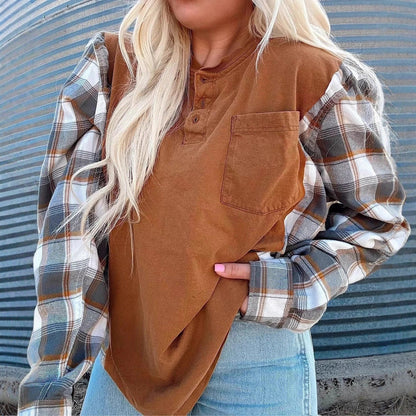 Damen Langarmshirt Karierte Ärmel Eveloria - Eveloria